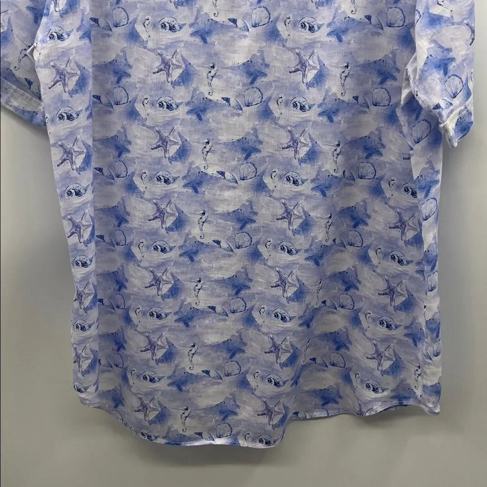 Bugatchi Shaped Fit Men's Linen Blue Sea Life Short Sleeve Shirt